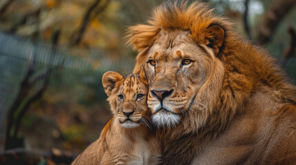 Lion with a hir son. Photorealism in wildlife.