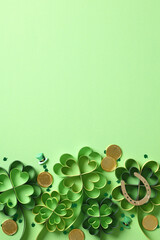 St Patrick Day vertical background with four-leaf paper art clover