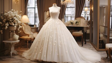 Fototapeta na wymiar A beautiful wedding dress in a wedding salon