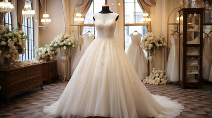 Fototapeta na wymiar A beautiful wedding dress in a wedding salon