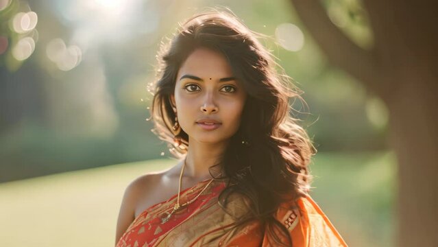 Protrait of young Indian wear traditonal Sari dress.