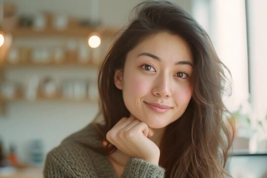 Footage of beautiful young asian woman show clear skin presenter skincare model.