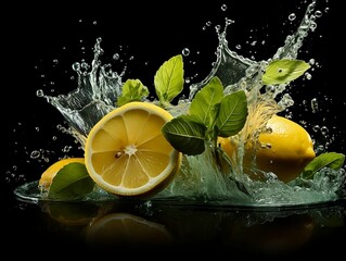 Lemon slice splashing out water with mint leaves