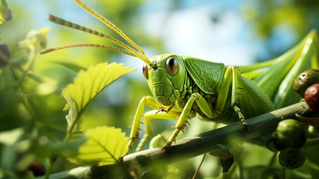 close up Grasshopper ( Caelifera ) are eating pandanus leaves on green pandan leaf,