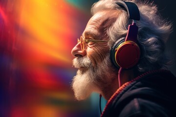Portrait of a stylish hipster senior man with headphones. Music Streaming Service Concept with Copy Space.
