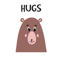 Seamless pattern and illustration for kid with bear and text Hugs. Cute design background, baby clothes, room birthday decor, t-shirt print, wear fashion, invitation card