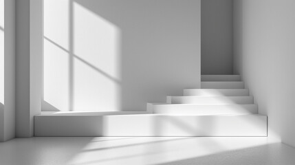 Minimalistic white room interior with podium. Abstract architecture background, empty white interior with shadow on the wall.