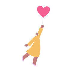 Happy woman flying with a heart shaped balloon. St Valentine Day celebration illustration