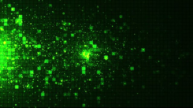 An animated background of rows of squares changing color and moving chaotically. Pixel graphics, moving squares and particles. Background of glowing squares. Bright abstract mosaic green background 