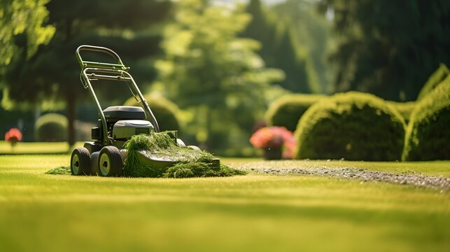 A self-guided lawnmower perfectly manicuring a lush green garden.