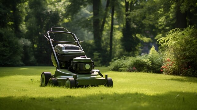 A self-guided lawnmower perfectly manicuring a lush green garden.