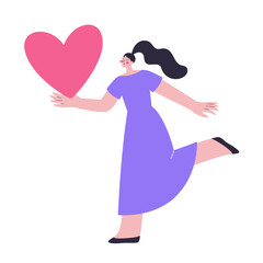 Happy woman with a heart in her hand. St Valentine Day celebration illustration