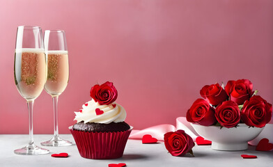 Valentine's Day concept. Two glasses of champagne, cupcakes and roses Generative AI