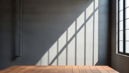 Empty copy space on a wooden tabletop against the cement loft wall with shadow and daylight indoors.  generative, AI.