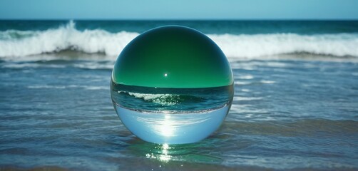 a glass ball on a sandy beach overlooking the sea. The surrounding landscape is reflected and refracted in the ball. Minimalism style. Concept for Earth Day, ecology, tourism and travel.