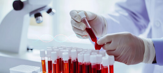 Doctor's test tubes with blood samples. Lab workers prepare test blood for the detection of antibodies and infections. drug test or alcohol in the laboratory, DNA, Hiv in equipment, and Coronavirus