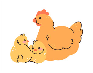 Cute chickens and mother hen in different poses for Easter design. Little yellow cartoon chickens. Vector illustration on white background