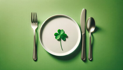 Table setting white plate, with cutlery on a green background for St. Patrick's Day. - obrazy, fototapety, plakaty