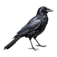 Fototapeta premium A black crow and a raven, both standing on white backgrounds, surrounded by bird illustrations including feathers, wings, and branches in a nature-themed vector image