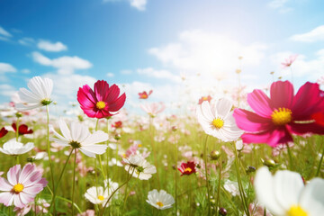Fototapeta premium Cosmos flower on blue sky abstract background. Generative ai.