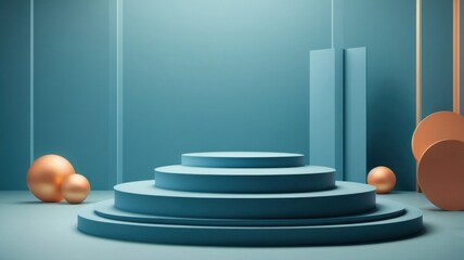 Geometric podium mockup illustration for product presentation blue background 3d illustration - minimalist podium or stage.  generative, AI.