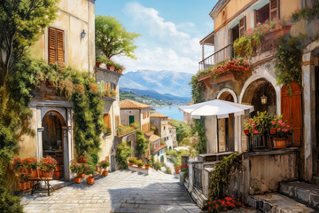 Fototapeta na wymiar A picturesque Mediterranean village scene with quaint cobblestone pathways leading past old houses 