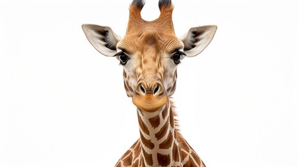 Close up of female Southern giraffe Giraffa giraffa angolensis against a blue sky looking down at the camera.
