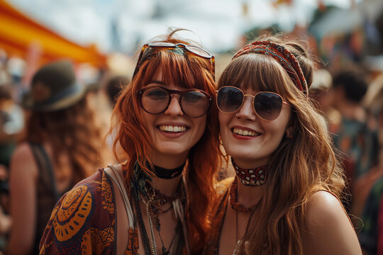Festive Harmony: Young Women Celebrating Music Festival Bliss at Sunset