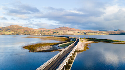 Kyle of Tongue Causeway taken from a drone with Beinn Stumanadh mountain in the background