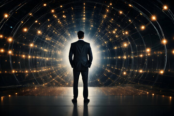 Businessman looking at glowing lights on a dark background. Technology concept