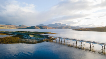 Kyle of Tongue Causeway taken from a drone with Beinn Stumanadh mountain in the background
