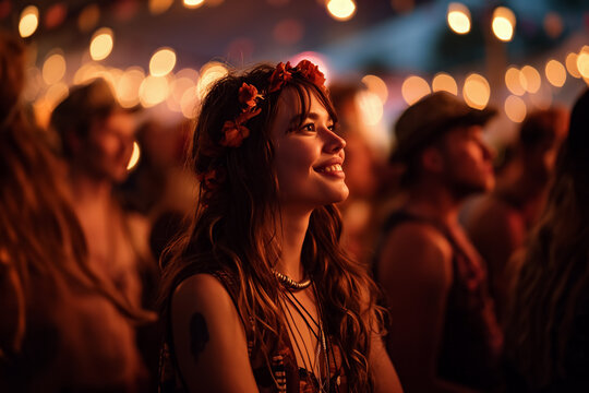 Sunset Serenity: Woman Adorned in Vibrant Hues at Festival Concert