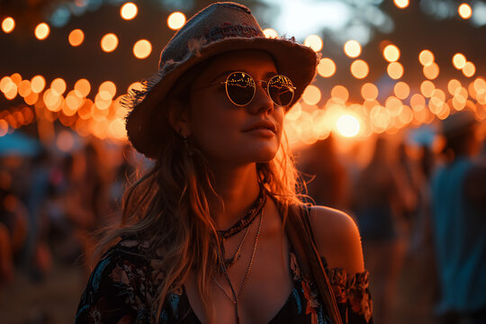 Sunset Serenity: Woman Adorned in Vibrant Hues at Festival Concert