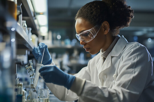 Focused Scientist Analyzing Laboratory Sample in Lab Coat and Gloves