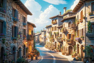 An inviting Italian street in the golden hour, stone-built homes with balconies overflowing with flowers, road