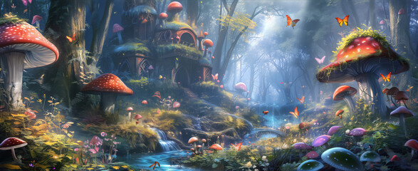 Surrealistic fantasy scenery with mushrooms and butterflies 