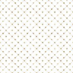 Geometric grid glamour seamless pattern. Minimalist seamless pattern with tiny gold hearts.Luxury festive geometric background.