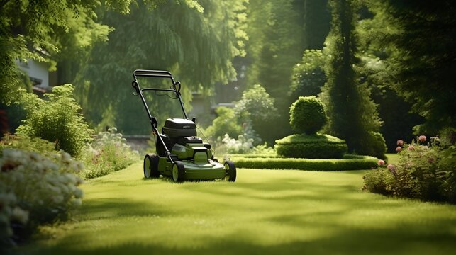 A self-guided lawnmower perfectly manicuring a lush green garden.