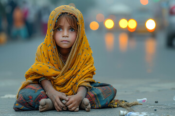A child beggar is sitting on a busy street passing by. - obrazy, fototapety, plakaty