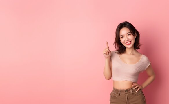 Asian woman presents, pointing finger up with copy space pink background, portrait beauty, confidence, and elegance of a young and attractive Asian model.