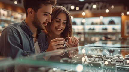 Woman and her boyfriend choose engagement rings at a jewelry store - obrazy, fototapety, plakaty