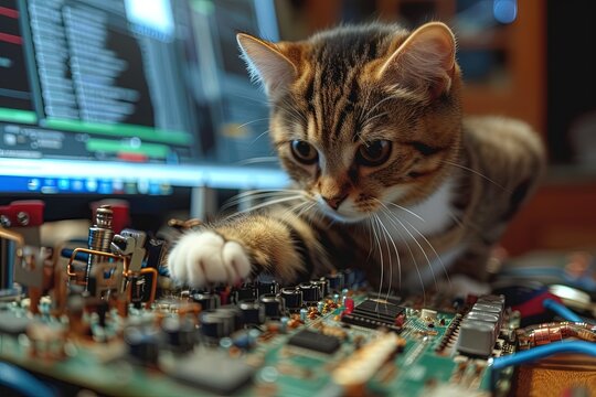 Cat Tech Guru: Imagine a cat surrounded by gadgets and a computer, troubleshooting technical issues with a paw on a mouse