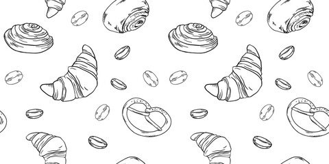 Bakery hadpainted illustrations set banner black and white doodle coffee, buns, beans, croissant