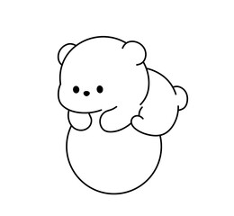 Vector isolated one single cute cartoon funny bear playing with ball colorless black and white contour line easy drawing