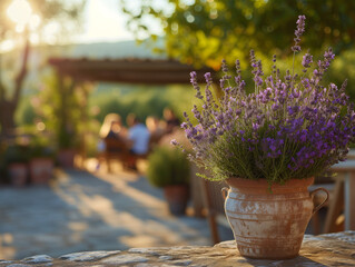 Rustic Summer Vibes at Provence: Bunch of Purple Lavender in a Pot Standing on a Sunny Terrace. People Celebrating Summer.