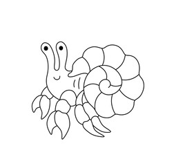 Vector isolated one single cute cartoon hermit cancer in shell side view colorless black and white contour line easy drawing
