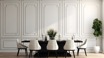 Black chairs and wooden dining table against of classic white paneling wall. Interior design of modern dining room. 3d rendering.