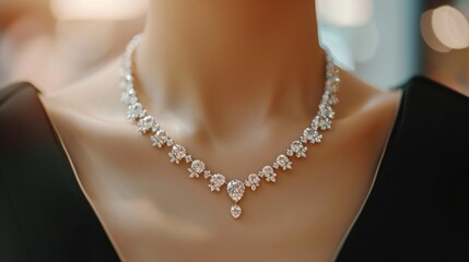Diamond necklace on woman's neck at jewelry store - obrazy, fototapety, plakaty