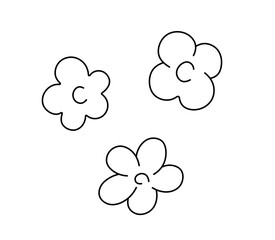 Vector isolated three trio simplest doodle flowers with petals chamomile colorless black and white contour line easy drawing