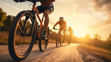 Fototapeta na wymiar Blur photo sports man ride bicycles with speed motion on the road in the evening with sunset sky. Summer outdoor exercise for healthy and happy life. Cyclist riding mountain bike on bike lane. Team.